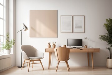 Fototapeta premium Scandinavian interior home design of modern workplace with table, chairs and wooden decoration with empty poster frame mockup