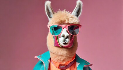 stylish 80 s clothes alpaca llama in glasses in motion on pink background generative ai - obrazy, fototapety, plakaty