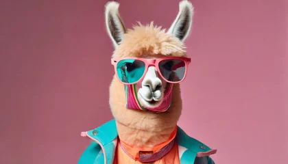 Foto op Aluminium stylish 80 s clothes alpaca llama in glasses in motion on pink background generative ai © Trevin