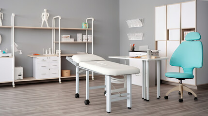 Interior of medical office with  couch and shelf units