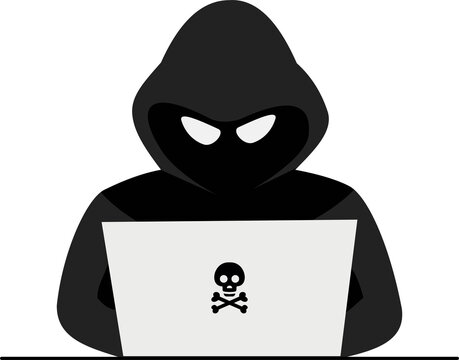 hacker logo or hacker in black hoodie cyber crime with laptop
