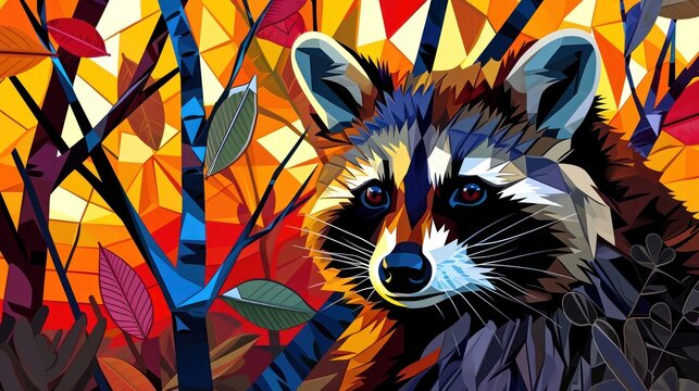  a painting of a raccoon in front of a colorful background of leaves and branches, with the raccoon's face partially obscured by the leaves.