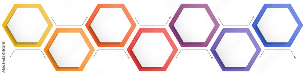 Poster infographic template with 7 hexagons with line icons, process chart