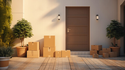 Parcels are standing near the front door. Cardboard boxes stand near the entrance. Modern house