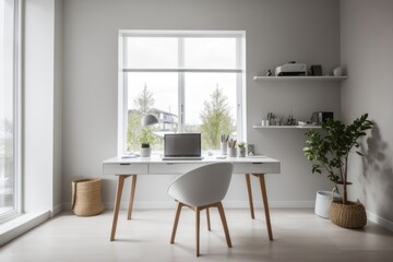 Scandinavian interior home design of modern workplace with table, chairs and white wooden decoration with a laptop on the desk