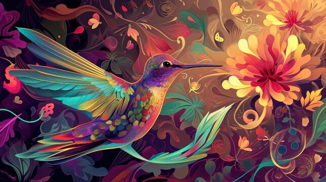  a painting of a hummingbird in flight with flowers in the background and a butterfly on the left side of the picture, and a flower on the right side of the right side of the image.