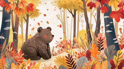  a brown bear sitting in the middle of a forest filled with trees and leaves on a fall day with falling leaves on the ground and falling off of the trees.
