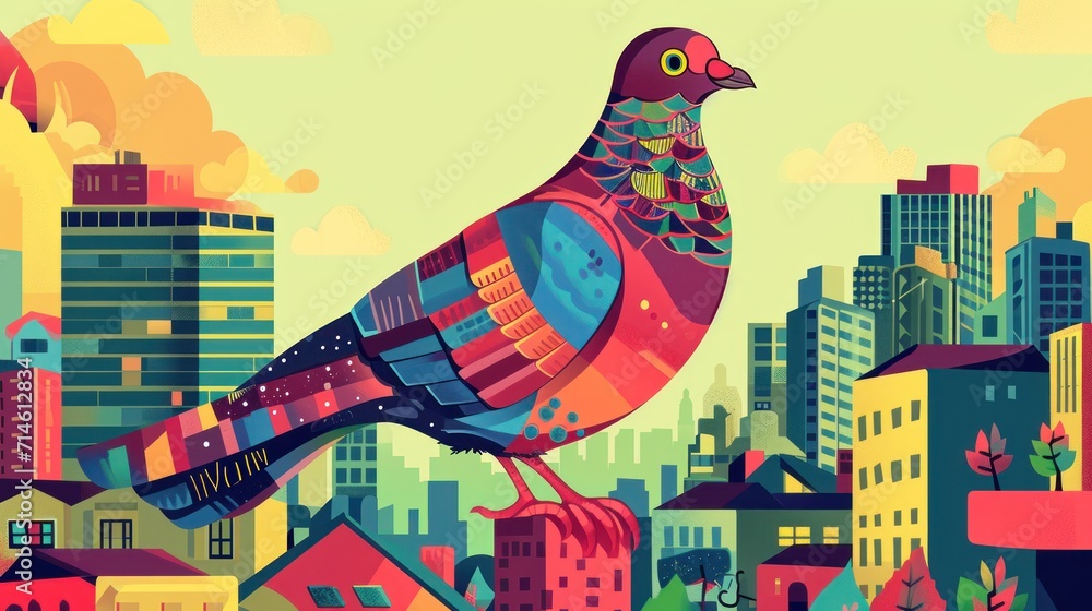 Poster a colorful bird sitting on top of a building with a city in the backgrouf of the picture in the fore