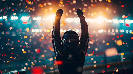 F1 race car driver celebrates victory - obrazy, fototapety, plakaty