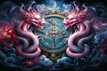 Fototapeta premium Whirling kaleidoscope dragons, casting mesmerizing patterns with their scales - Generative AI