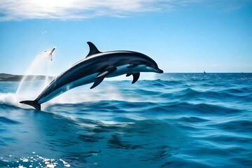 A pair of playful dolphins leaping joyfully in the ocean, with splashes of water and a backdrop of clear blue skies.