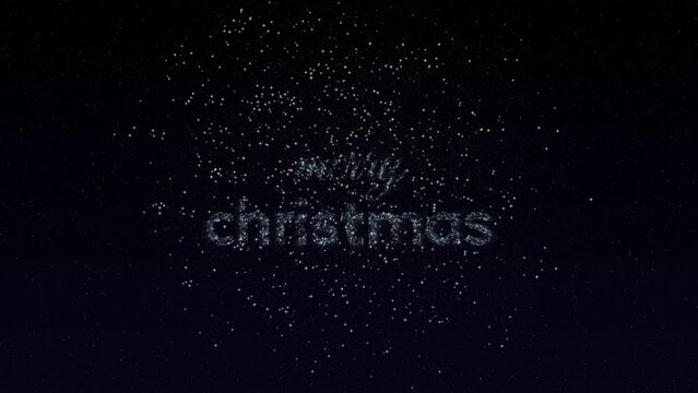 Merry Christmas greeting with explosive fireworks on the starry night sky background. Silver stars forming the words Merry Christmas