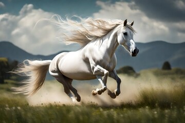 Obraz na płótnie Canvas A majestic white horse galloping freely in a lush meadow, with its mane flowing in the wind, symbolizing the grace and strength of these magnificent creatures.