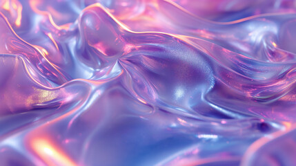 Abstract iridescent holo wavy background in purple and pink hues with a silky texture and soft light reflections - 714613481