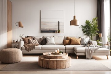 Interior home design of modern living room with beige sofa and rustic wooden furniture