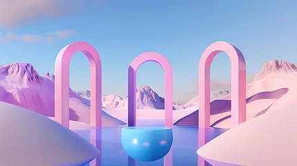  3d abstract surreal pastel landscape background with arches and podium for showing product. Panoramic view. 3d render © Maxim Filitov
