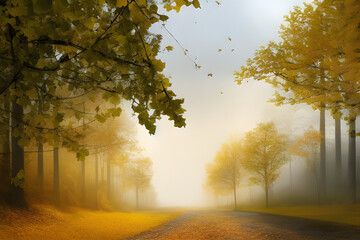 Naklejka na ściany i meble autumn in the forest,autumn ginkgo tree road,Generative AI