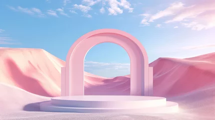 Poster 3d abstract surreal pastel landscape background with arches and podium for showing product. Panoramic view. 3d render © Maxim Filitov