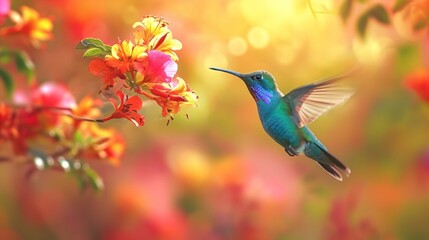  a hummingbird flying in front of a bunch of red and yellow flowers with a blurry background of green, yellow, red, and orange, and pink flowers.