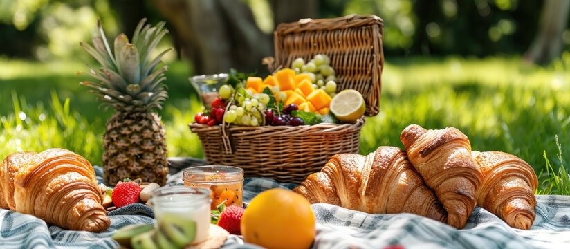 Nutritious plant-based picnic, featuring fresh fruit, croissants, jam, and tropical salad on a clothed table near a basket on grass.