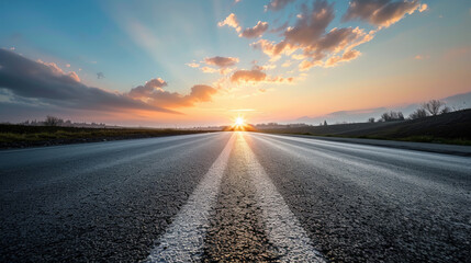 Empty asphalt road and beautiful sky at sunset. Generative AI - obrazy, fototapety, plakaty