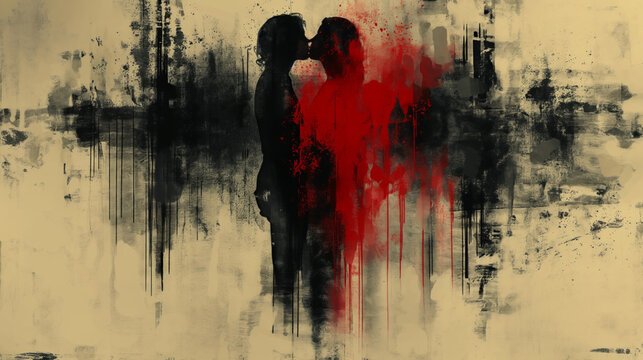conceptual painting of married couple on wall kissing