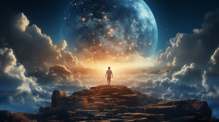 young boy exploring the universe - Powered by Adobe