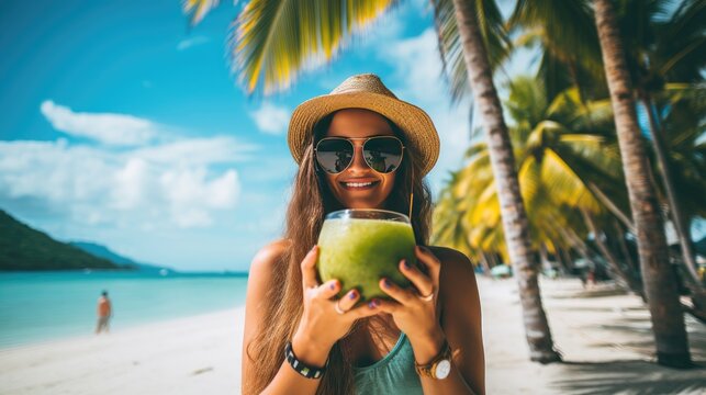 Beautiful woman holding coconut, drinking juice at beach front in summer