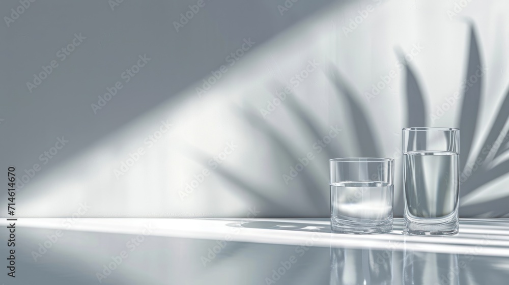 Poster two glasses of water sitting on a table with a shadow of a palm leaf on the wall behind them and a s