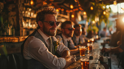 groom and best men drinking at bachelors's party - obrazy, fototapety, plakaty