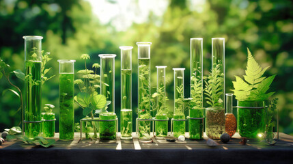 Plant science laboratory research, biological chemistry test, green nature organic leaves experiment in vitro, field of chemical medicine biotechnology or medical ecology laboratory technology. - obrazy, fototapety, plakaty