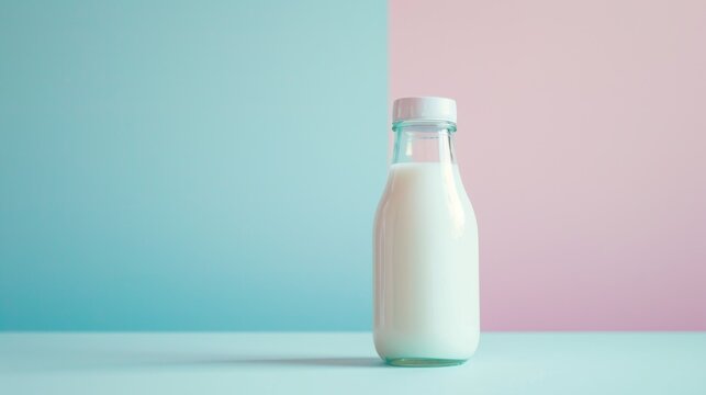  a bottle of milk sitting on a table with a pink and blue wall behind it and a blue and pink wall behind it, with a blue and pink wall in the background.