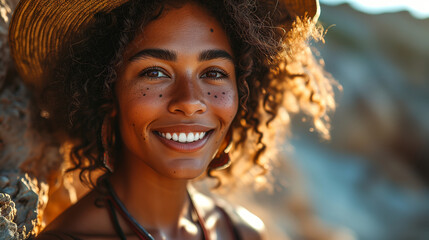 bautiful black american woman wearing a hat smiling