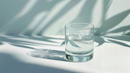  a glass of water sitting on a table with a shadow of leaves on the wall behind it and a shadow of a leaf on the table top of the glass.