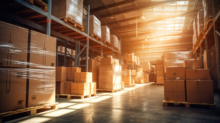 Retail warehouse full of shelves with goods in boxes. Complete with logistics and pallet transport. Distribution center.