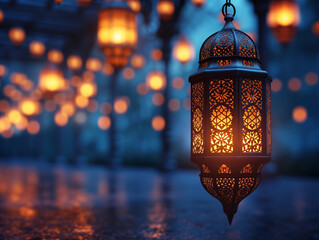 Eid Al Adha Lantern decoration background, glowing light, empty space.