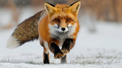 A red fox captured mid-pounce, its fur a fiery blur against the snowy landscape, showcasing the agility and adaptability of mammals in diverse ecosystems.