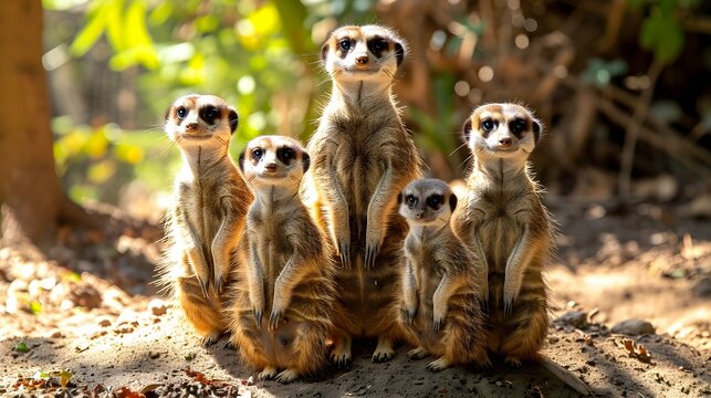 A family of meerkats standing guard, photographed from ground level, their watchful eyes and upright posture capturing the essence of teamwork and vigilance in the animal world.