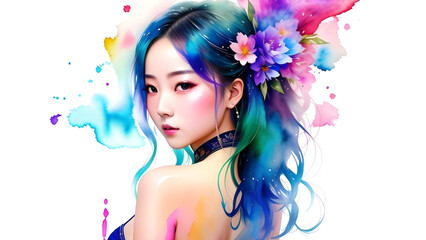 Fototapeta premium illustration water color of a beautiful asian woman with bright colorful hair