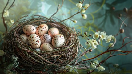  a nest filled with eggs sitting on top of a table next to a branch with white flowers and a green wall behind the nest is a bird's nest with four eggs.