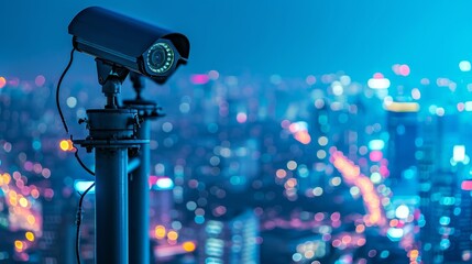 High-Tech Security Hub: Surveillance Cameras Monitoring a Nighttime Skyline - obrazy, fototapety, plakaty