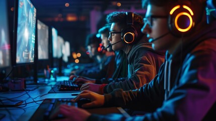 Online Entertainment: Gamers in a Virtual Gaming Arena at Night