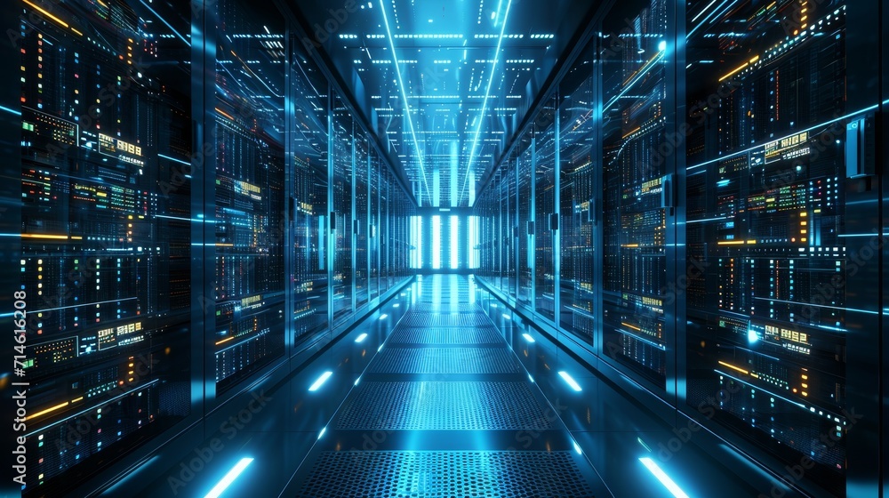 Poster operating system: a central server room buzzing with activity at noon