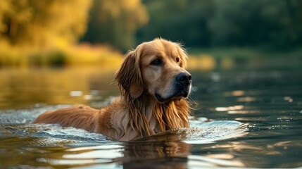  beautiful Golden Retriever enjoying a swim in a calm lake, exemplifying its love for water and swimming abilities