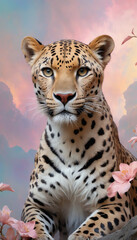 Fototapeta premium Fantasy Illustration of a wild animal leopard. Digital art style wallpaper background in pastel colors.