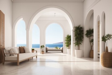 Interior home design of modern entrance hall with greek Island style and arched doorway with wooden decorations and houseplants