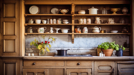 Busy Kitchen With an Abundance of Pots and Pans. Interior of a modern kitchen made of solid wood.