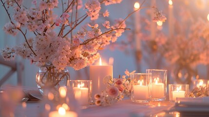  a table topped with lots of candles next to a vase filled with flowers and a vase filled with pink and white flowers on top of a white cloth covered table.