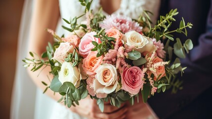 Groom and Bride holding a beautiful floral bouquet of roses on wedding day, celebrating love and marriage.