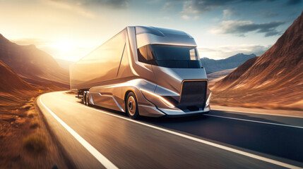 Futuristic semi-trailer on the highway, highway. sunrise or sunset. The electric truck carries out...